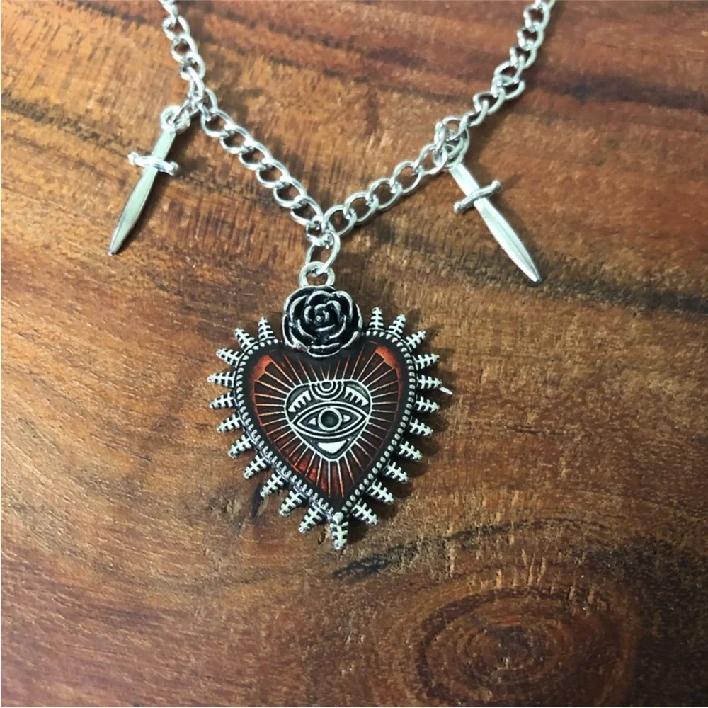 gothic silver-toned choker necklace red heart pendant Devil eye dagger charms. - Picture 5 of 9